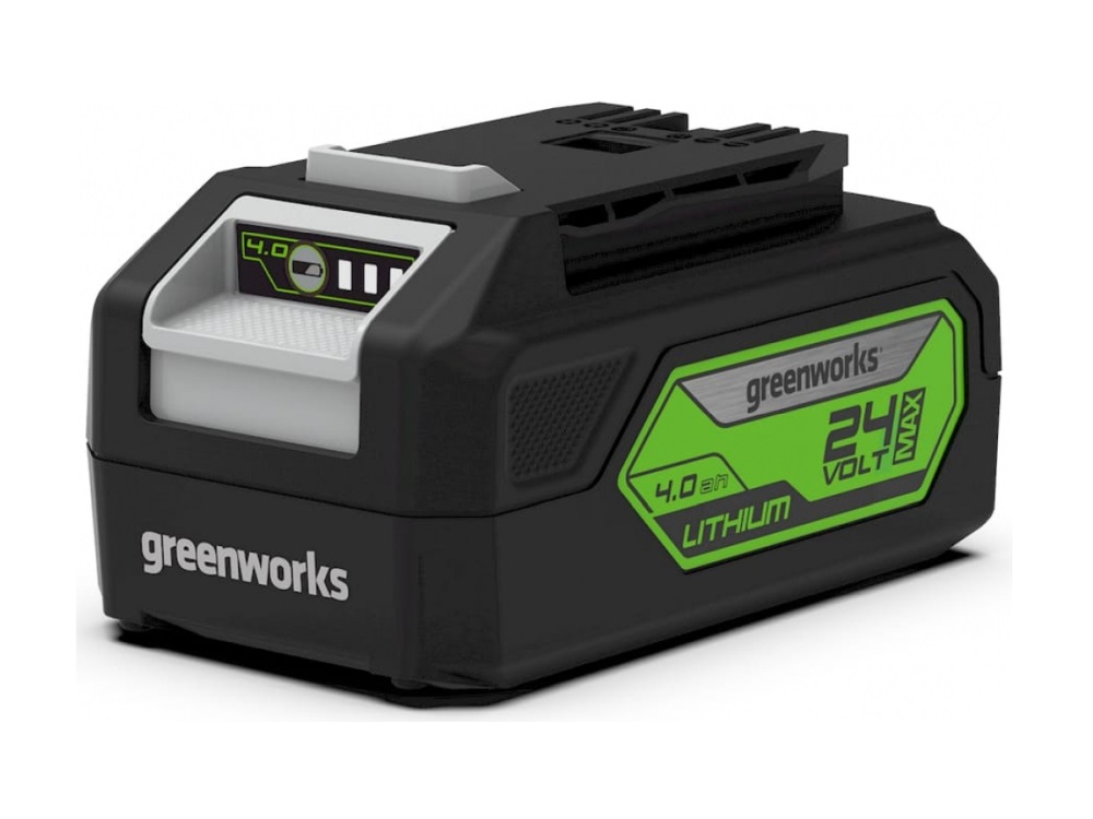 Аккумулятор 24В 4Ач используется для всех устройств Greenworks 24В. Оснащен индикатором заряда с четырьмя уровнями: 10%, 45%, 70%, 100%. При использовании оригинального зарядного устройства время заряда аккумулятор около 90 минут.