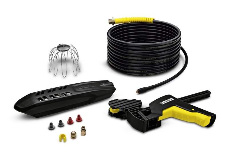 Комплект для промывки труб и водосточных желобов со шлангом длиной 20м и промывочной головкой. Напор воды обеспечивает самопроизвольное перемещение промывочной головки и тщательную очистку засоренных желобов, труб и стоков.