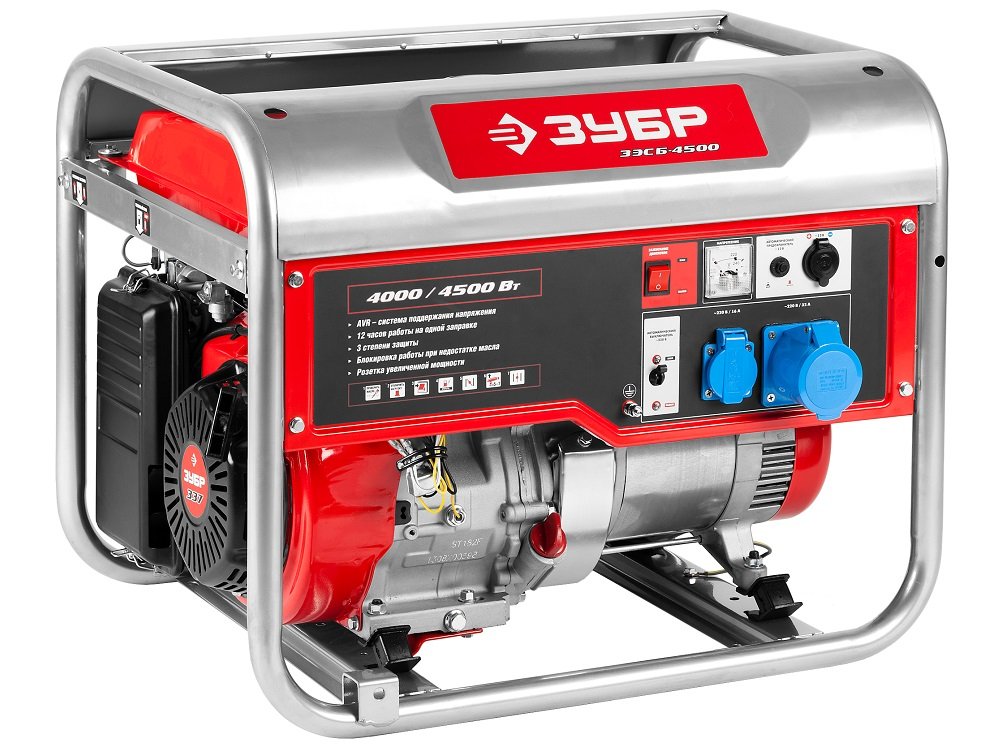 220В, максимальная мощность 4,5 кВт, номинальная мощность 4 кВт, 11 л.с, частота 50 Гц, двигатель бензиновый, 4-х тактный, одноцилиндровый, АИ92, генератор синхронный, ручной стартер. Размер 710х580х570 мм.